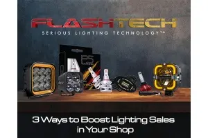 Flashtech Lighting dealer resources banner showing P5 LED bulbs, Magnetic Mini rock lights, and TriForge lights with text 3 Ways to Boost Lighting Sales in Your Shop