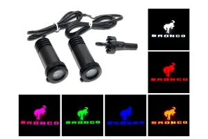 Ford Bronco logo projected on the ground in amber, blue, green, pink, red, and white by Flashtech LED door puddle lights