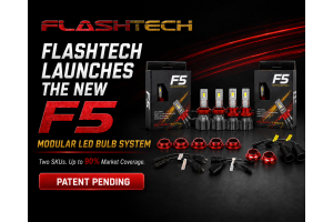 Flashtech F5 Modular LED Bulb System with packaging, collars, plugs, and Patent Pending badge