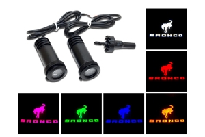 Ford Bronco logo projected on the ground in amber, blue, green, pink, red, and white by Flashtech LED door puddle lights