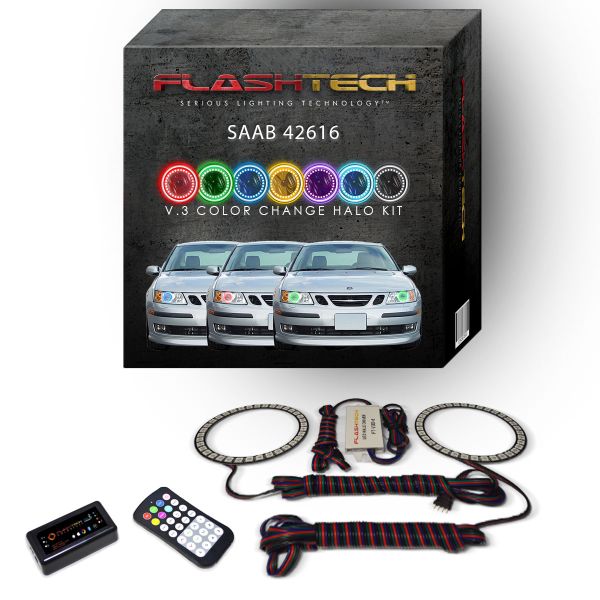 Saab 9-3 2003-2007 V.3 Fusion Color Change LED Halo Headlight Kit with Bluetooth RF Remote