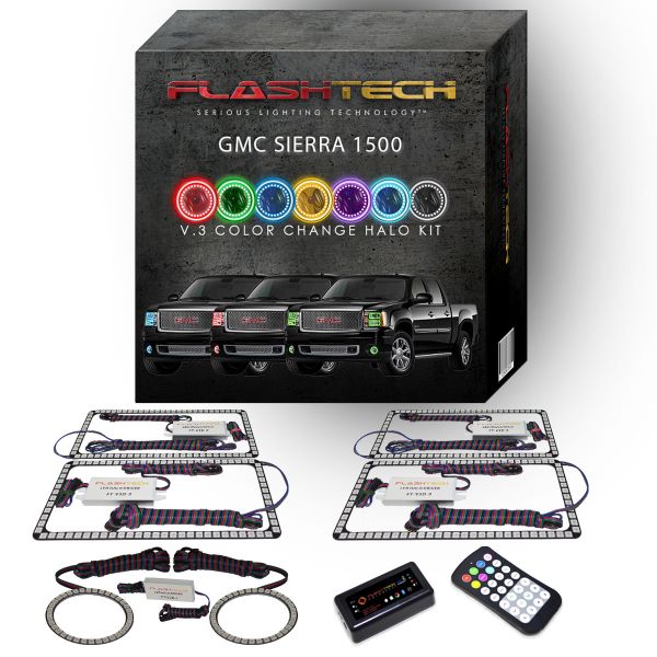 GMC Sierra V.3 Fusion Color Change Headlight & LED Halo Fog Light Kit 2007-2013 V.3 Fusion Color Change LED Halo Headlight and Fog light Kit with bluetooth RF Remote