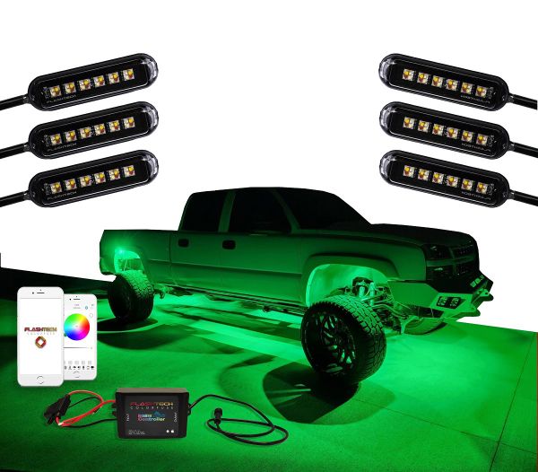 Flashtech RGBW Rock Light Kit featuring six high-powered LED rock lights, a Bluetooth controller, and app control. Displayed with a lifted truck illuminated in vibrant Green underglow.
