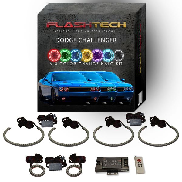 Dodge Challenger Multi Color Change External Waterproof LED Halo HeadLight Fog Light Kit 2008-2014 V.3 Fusion Color Change External Mount Waterproof LED Halo Headlight and Fog light Kit | RF Remote