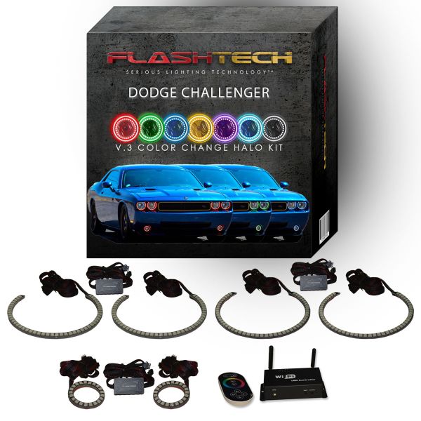Dodge Challenger Multi Color Change External Waterproof LED Halo HeadLight Fog Light Kit 2008-2014 V.3 Fusion Color Change External Mount Waterproof LED Halo Headlight and Fog light Kit | Wifi Remote