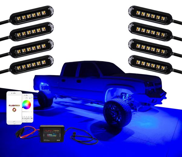 Flashtech RGBW Rock Light Kit featuring eight high-powered LED rock lights, a Bluetooth controller, and app control. Displayed with a lifted truck illuminated in vibrant blue underglow.
