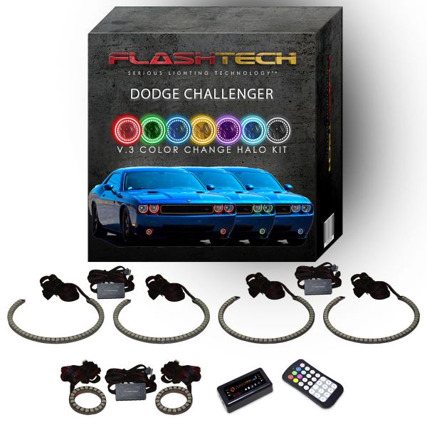 Dodge Challenger Multi Color Change External Waterproof LED Halo HeadLight Fog Light Kit 2008-2014 V.3 Fusion Color Change External Mount Waterproof LED Halo Headlight and Fog light Kit | Bluetooth RF Remote