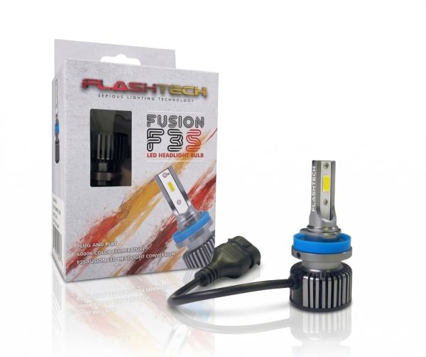 Flashtech Fusion F3S LED Headlight Bulb and packaging, featuring 6000K color temperature, displayed with a clean reflective shadow on a white background.