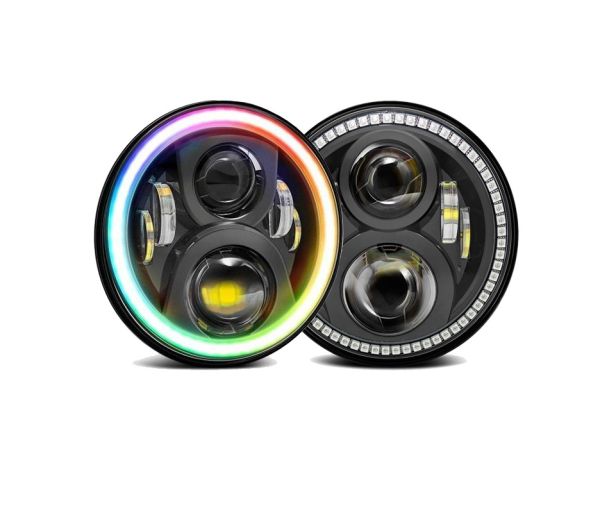 7' Round Headlight 7045 Assembly - Single with V.3 Fusion Color Change Halos Installed