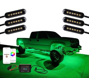 Flashtech RGBW Rock Light Kit featuring six high-powered LED rock lights, a Bluetooth controller, and app control. Displayed with a lifted truck illuminated in vibrant Green underglow.