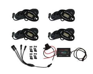 Flashtech XL RGBW Rock Light Kit – Includes four high-output LED rock lights with durable black aluminum housings, a 4-to-1 splitter, mounting hardware, and a Flashtech Colorfuse RGBW controller with fuse-protected power wiring.