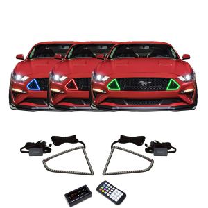 Red Ford Mustang with Color-Changing LED Tri-Bar DRLs in blue, red, and green. The kit includes two LED light strips, wiring, a Bluetooth controller, and a remote.