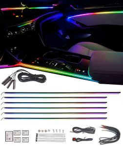 Flashtech ColorChase Premier Interior Dash kit installed, showing rainbow ambient strips along dash and doors, with full kit contents (LED bars, wiring, controllers, clips) displayed below.