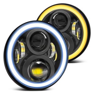 7" Round 7020 Headlight Assembly - Pair with White Amber Switchback Halos Installed