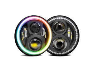 7' Round Headlight 7045 Assembly - Single with V.3 Fusion Color Change Halos Installed