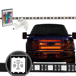 A Ford truck with an illuminated RGB LED grille lighting kit, glowing in bright amber. The kit includes flexible LED light strips, a wireless remote control with multiple color options, and a power adapter for easy installation. A close-up magnified secti