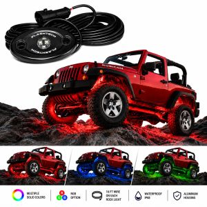 Flashtech XR Rock Light Kit shown on a red Jeep Wrangler off-road with red, blue, and green LED rock light color examples and waterproof LED pod.