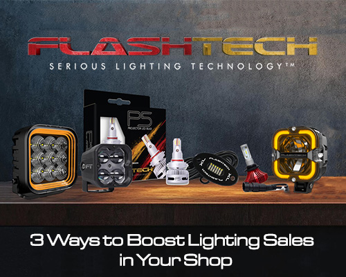 Flashtech Lighting dealer resources banner showing P5 LED bulbs, Magnetic Mini rock lights, and TriForge lights with text 3 Ways to Boost Lighting Sales in Your Shop