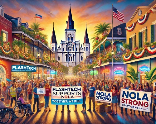 people holding signs that say nola strong and flashtech supports nola in downtown new orleans