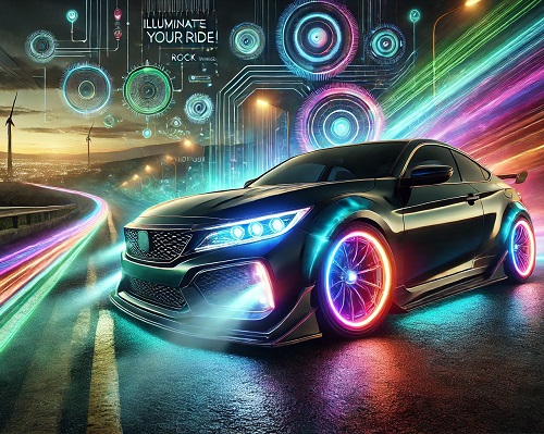 Car with flashtech custom lighting all over is in the middle of a road