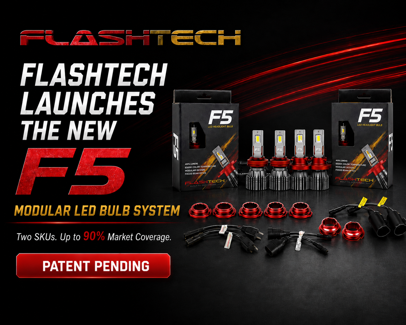 Flashtech F5 Modular LED Bulb System with packaging, collars, plugs, and Patent Pending badge