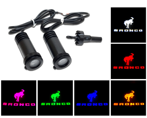 Ford Bronco logo projected on the ground in amber, blue, green, pink, red, and white by Flashtech LED door puddle lights