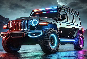 Black off-road Jeep Wrangler with vibrant RGB LED lighting on wheels, grille, and roof, showcased under a moonlit sky on a rugged terrain.