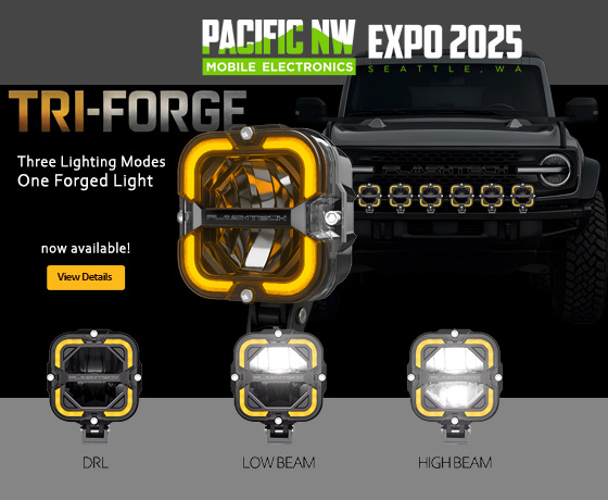 Flashtech booth display for TRI-FORGE Off-Road Light at PNWCEE 2025 showcasing DRL, Low Beam, and High Beam modes in front of a black Ford Bronco